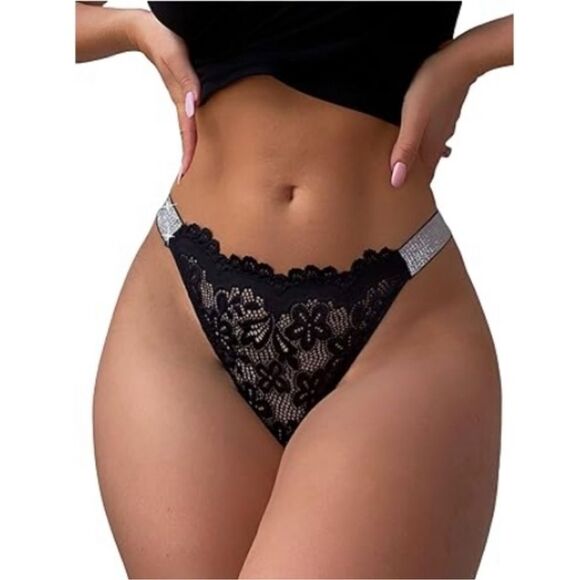 Women's Glitter Lace ( Love) Low Rise Thongs Underwear Panty Solid Black Panties - Picture 1 of 8